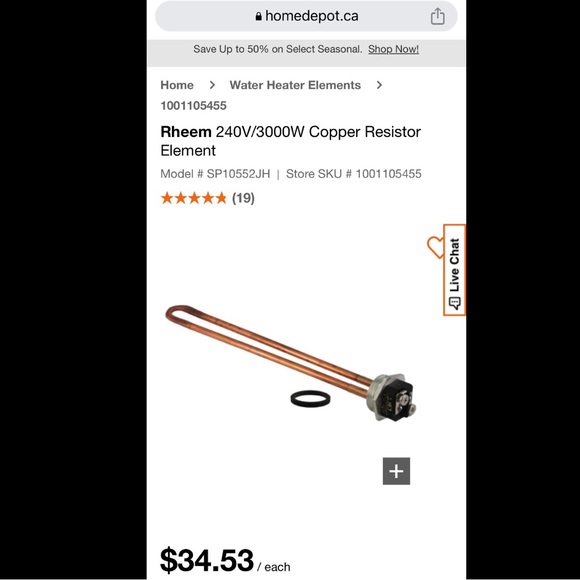NWT Rheem water heater replacement element 240V/3000W Copper Resistor Element - Picture 5 of 5